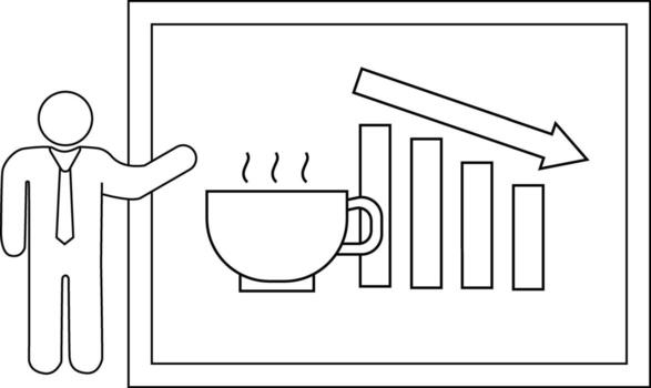 Man pointing to chart of coffee falling graphs and declining arrow vector