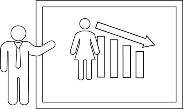 presentador con descendente bar gráfico el gráfico tiene un hembra figura a el izquierda de el bar grafico un flecha puntos abajo vector