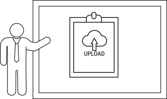 Figure points to upload graphic on framed whiteboard simple presentation vector