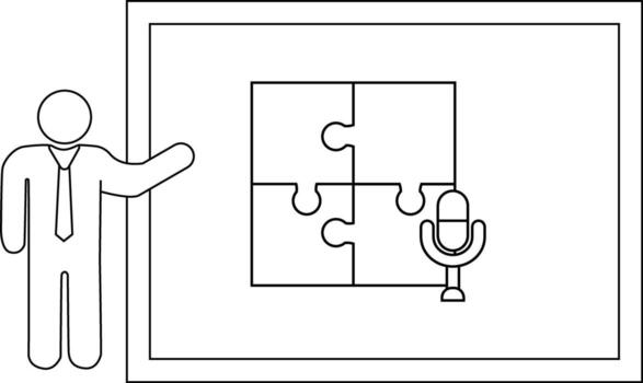 un hombre soportes señalando a un tablero mostrando un cuatro piezas rompecabezas rompecabezas y un micrófono icono vector