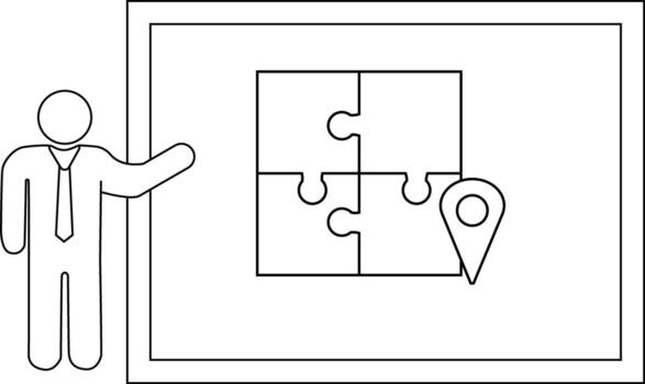 A stick figure presents a board showing a puzzle assembled with a location pin on one piece vector