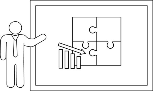 A stick figure presenting a chart pointing at puzzle pieces framed by a presentation board vector