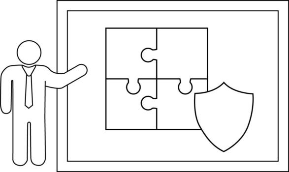 A stick figure presents a framed display a puzzle protected by a shield vector
