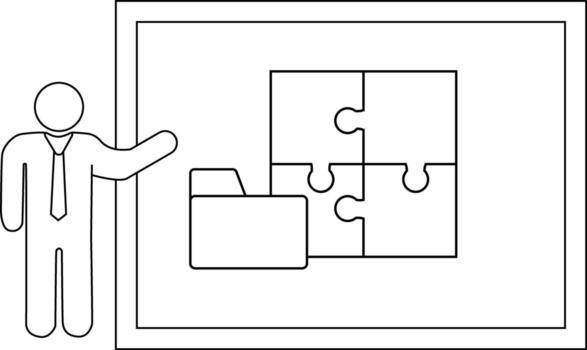 Figure pointing to a folder and jigsaw puzzle on a screen within a frame vector