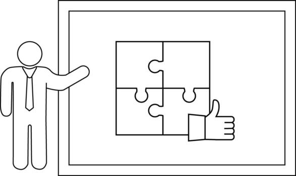 un palo figura soportes por un rompecabezas tablero con un Pulgares hacia arriba conjunto en un marco vector