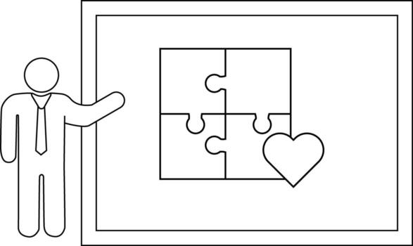 línea dibujo de un hombre presentación un rompecabezas rompecabezas con un corazón conjunto dentro un enmarcado monitor vector