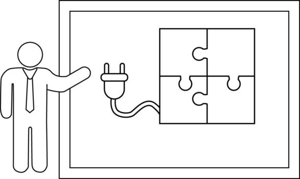 An outline drawing of a person gesturing towards a pluggedin jigsaw puzzle within a framed picture vector