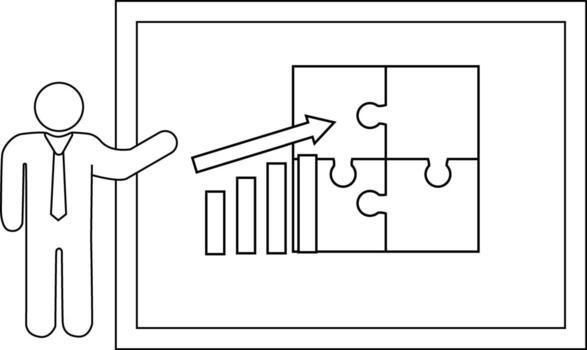 Line drawing shows a stick figure presenting a chart of rising bars and a 4piece puzzle on a board vector