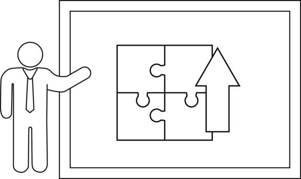 Person presenting a chart with a fourpiece puzzle and an upwardpointing arrow vector