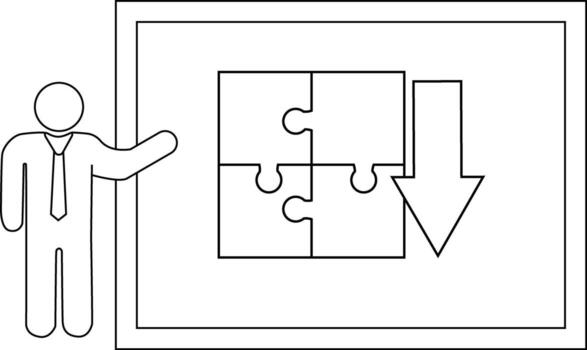 Person points to screen displaying a fourpiece puzzle with arrow vector
