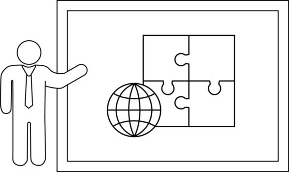 Outline of a person gesturing toward a frame with a globe and fourpiece puzzle vector
