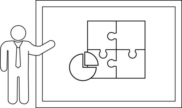 Presentation Stick figure points to a whiteboard with a puzzle and pie chart on it vector