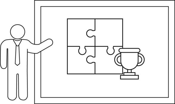 Stick figure presenting puzzle pieces next to a trophy inside a frame vector