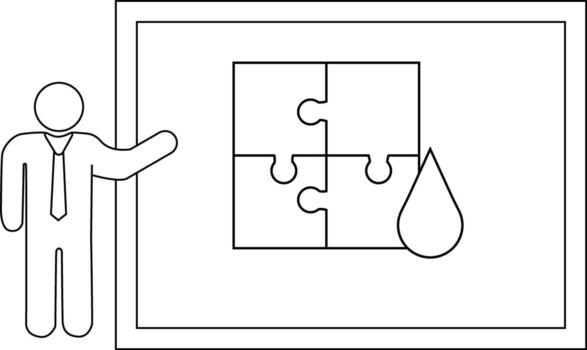 Stick figure presents a puzzle beside a teardrop within a framed image vector