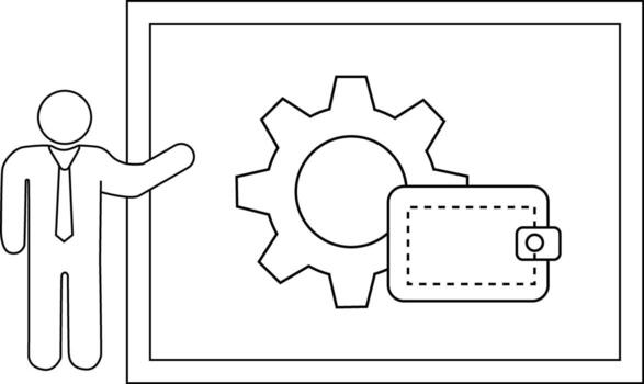 un figura gesticulando hacia un pizarron mostrando un engranaje y un billetera vector