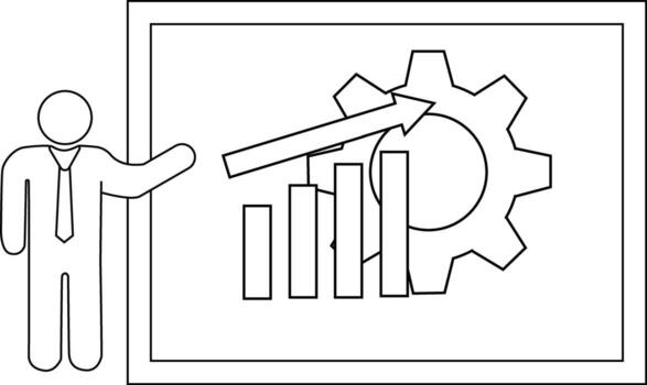 A presenter shows a graph with an arrow pointing towards a gear on a whiteboard vector