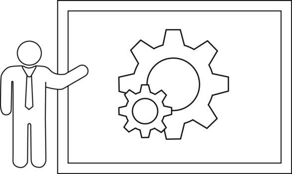 A presenter points at a whiteboard with two gears on it vector