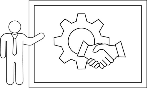 A stick figure points to a whiteboard with a gear handshake drawing vector