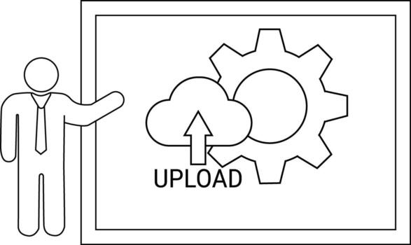 un palo figura regalos un diagrama de un nube subir flecha y engranaje dentro un marco vector