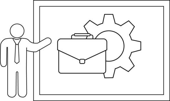 hombre puntos a maletín de equipo en tablero contornos solamente sencillo gráfico vector