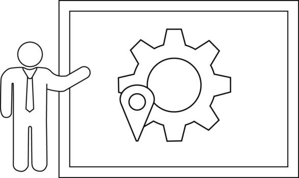 hombre presentación mapa alfiler en engranaje gráfico desplegado en presentación tablero vector