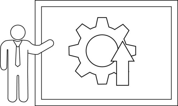 Outline image shows a figure presenting an upgrade symbolised by a cogwheel and upward arrow displayed on a board vector