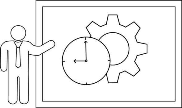 presentación tablero con reloj y engranaje presentador gesticulando vector