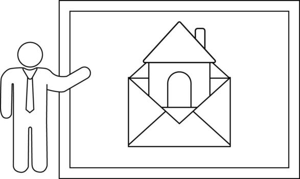 A person in front of a board with a house emerging from an envelope vector