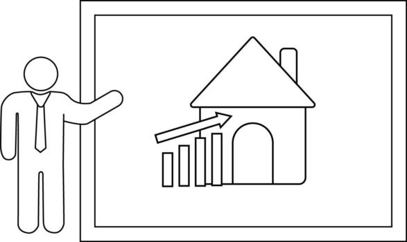 A person presents a whiteboard image showing a house and an upward arrow above bar graphs vector