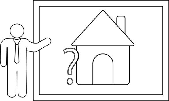 A stick figure gestures toward a framed outline of a house with a question mark beside it vector