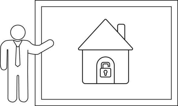 A stick figure is presenting a house with an open padlock inside it vector