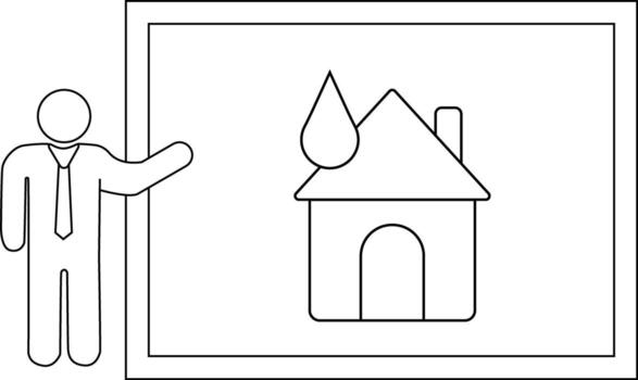 Person pointing at a board with a house icon topped by a drop presented in black and white vector