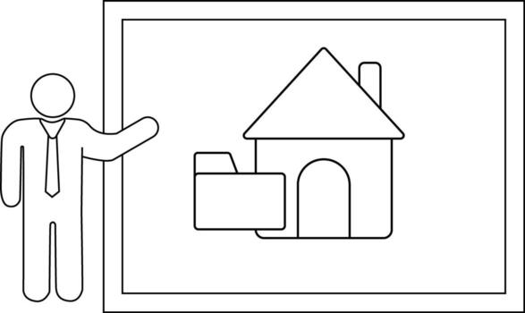 Stick figure points to a whiteboard displaying a house icon with an adjacent folder vector