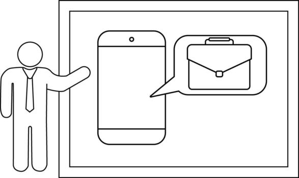 A figure gesturing toward a smartphone displaying a briefcase inside a speech bubble all set within a framed background vector