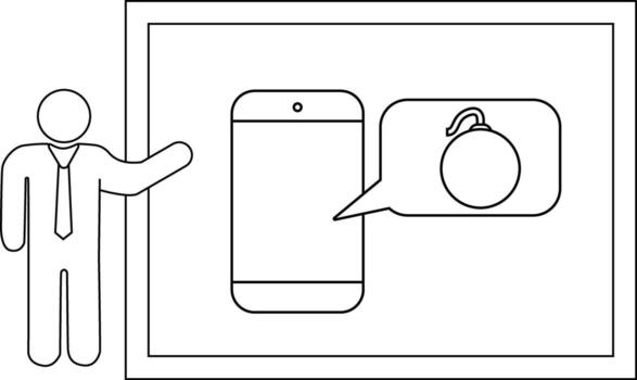 un hombre regalos un teléfono mostrando un bomba icono dentro un charla burbuja conjunto en contra un enmarcado fondo vector