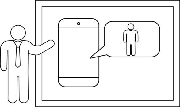 A stick figure points to a framed image with a phone and message bubble with a stick figure inside vector