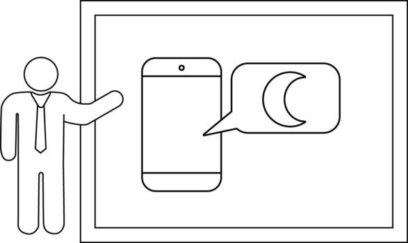 A stick figure presents a phone displaying a crescent moon chat bubble within a framed setting vector