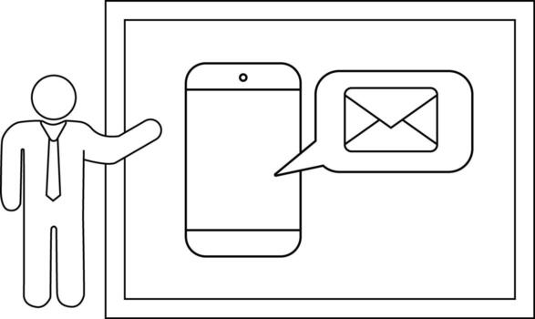 Drawing of a person gesturing towards a phone with an envelope inside a speech bubble framed by a double border vector