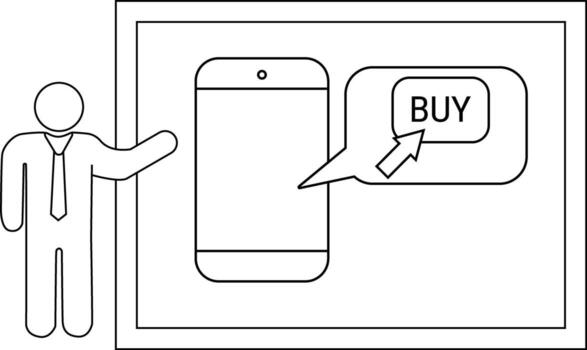 Drawing displays a man pointing toward a phone and BUY caption inside a frame vector