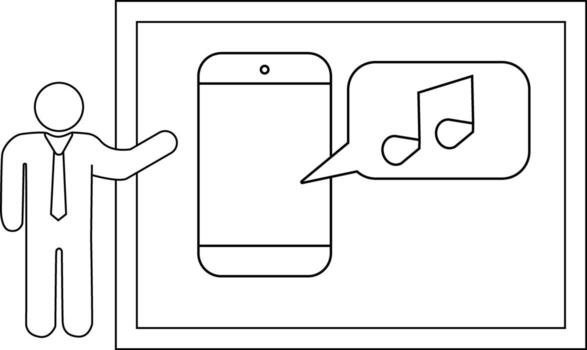Image shows a stick figure presenting a phone with a musical note speech bubble within a frame vector