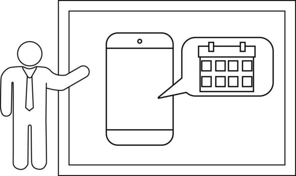 línea Arte representa un figura gesticulando a un teléfono mostrando un calendario icono enmarcado por fronteras vector