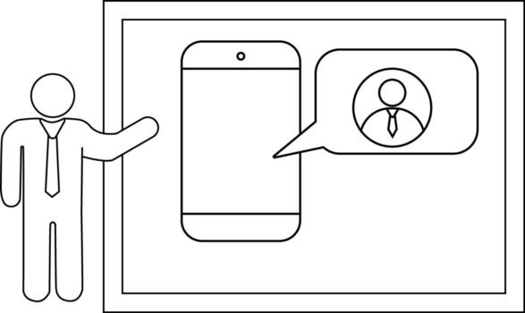 línea Arte representa un figura presentación un teléfono con un contacto en un habla burbuja dentro un rectangular marco vector