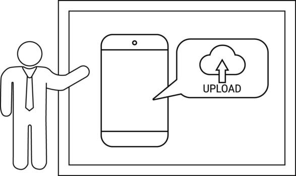 Line drawing of a presenter beside a smartphone with an upload icon in a speech bubble vector