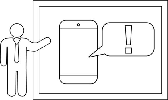 Line drawing person points to phone with warning symbol in box vector