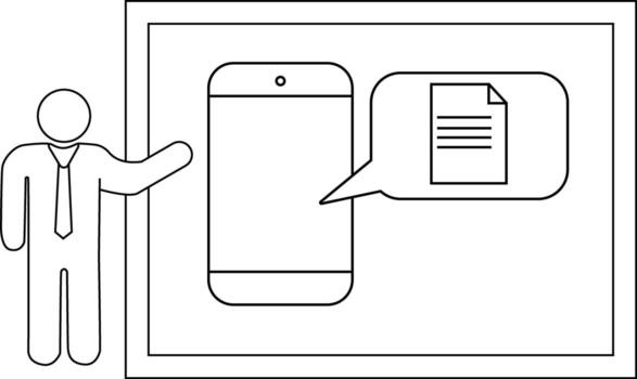 contorno dibujo con un palo figura siguiente a un teléfono mostrando un documento icono en un habla burbuja vector