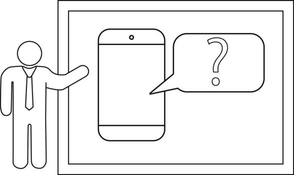 Outline of a stick figure presenting a phone with a question mark speech bubble framed vector