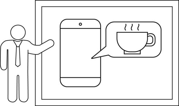 Outline shows stick figure pointing to phone next to a coffee cup in a speech bubble on a framed white background vector