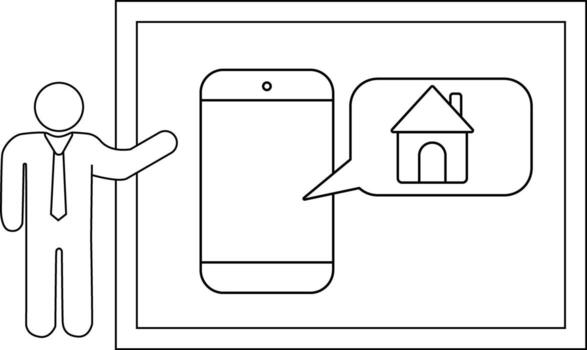 Outline stick figure presenting phone with speech bubble showing a house icon within a framed setting vector