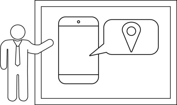 Person presenting a cellphone with a location icon in a speech bubble inside a frame vector