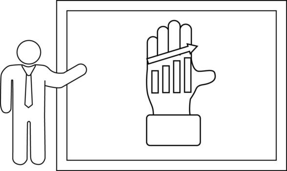 A presenter points to a hand graphic with an upward trending bar chart on a presentation board vector